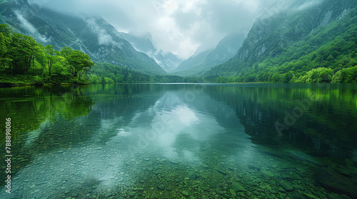Beautiful green mountains and lake, reflection in the water, foggy weather, photography in the style of national geographic. Created with Ai
