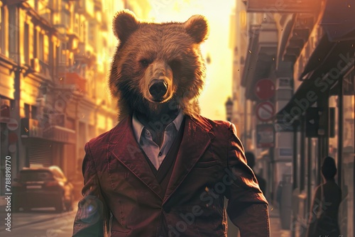 A carnivore bear in a suit strolling a city street