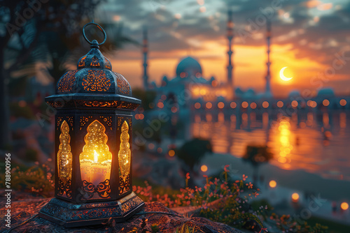 A beautifully crafted lantern glowing with warm light, set against the backdrop of an ancient mosque at sunset, symbolizing Ramadan's spiritual enlightenment and reflection. Created with Ai