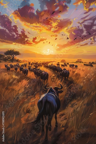 A wildebeest walking through the tall grass at sunset.