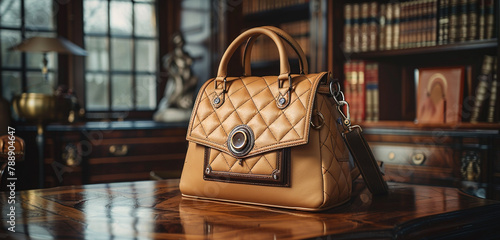 A structured satchel bag in timeless tan, placed neatly on a wooden desk, offering both style and functionality for the modern professional woman