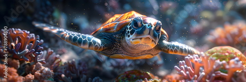 Sea turtle close up over coral reef in hawaii. World Turtle Day