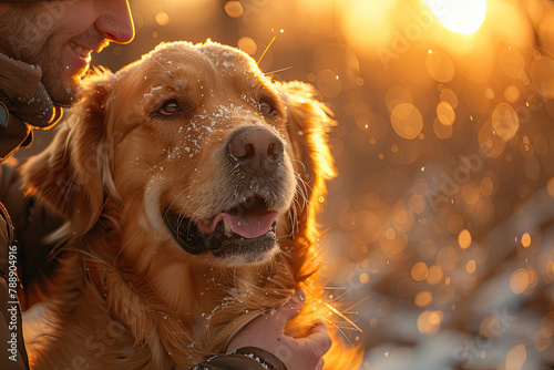A golden retriever dog smiles while being petted by its owner, in the background is an open field with snow falling gently on it, the sun sets behind them casting warm light over their happy faces. 