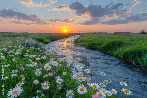 A beautiful sunset over the Dutch polder with wild daisies and grasses growing along its banks, and a small river running through it. Created with Ai