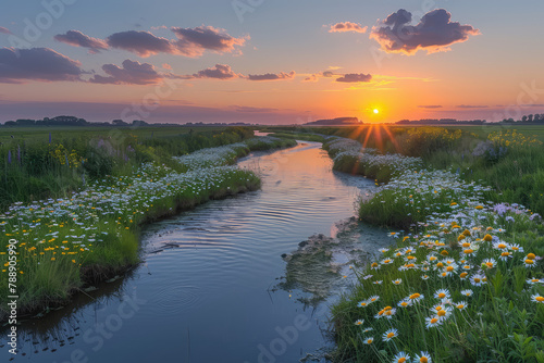  A beautiful photo of the sunset over an idyllic Dutch polder with wild flowers and daisies growing along its banks, with a small creek running through it. Created with Ai