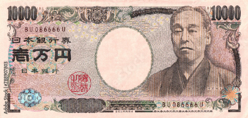 Vector high poly pixel mosaic banknotes of Japan. Denominations of bill 10000 yen. Obverse of Japanese game money.