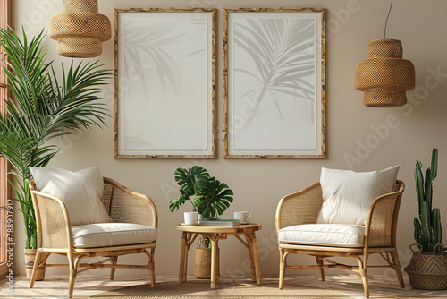 A modern room with large windows, a wooden floor and plants in pots on the wall. A brown armchair stands near an empty poster frame mockup. Created with Ai