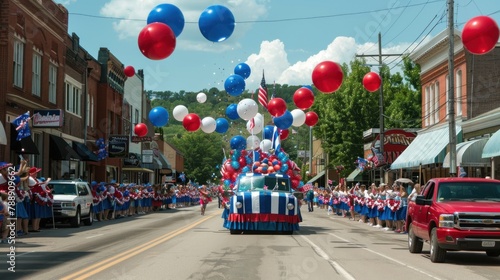 A parade marching down Main Street, with floats adorned in red, white, and blue decorations, celebrating the spirit of Independence Day. 