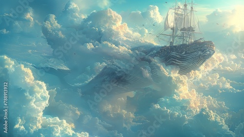 A steampunk airship flies through the clouds above a pod of whales.