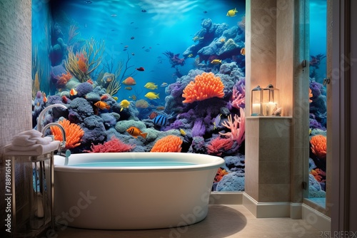 Fish Pattern Bath Towels: Coral Reef Wallpaper, Seashell Soap Dish Collection for Underwater Themed Bathrooms