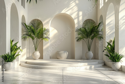 A realistic photo shows an arched entrance to an interior garden, with white stone steps leading up to it. Created with Ai