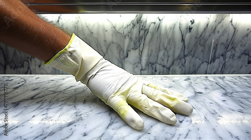 A man wearing a white glove is cleaning a marble countertop. The countertop is very clean and shiny