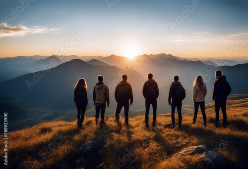 travel sunset maker journey adventure happy friends together mountain friends group extreme hiker backpack group sunrise activity success hiking mountains sunset leisure raised holida