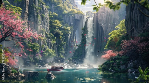 Waterfall images, waterfall in the park, colorful flowers, rivers and spring background, flying robotic birds, mountain waterfall images, futuristic water fall, 