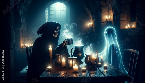 A skeleton and a ghost are sitting at a table, drinking and talking.