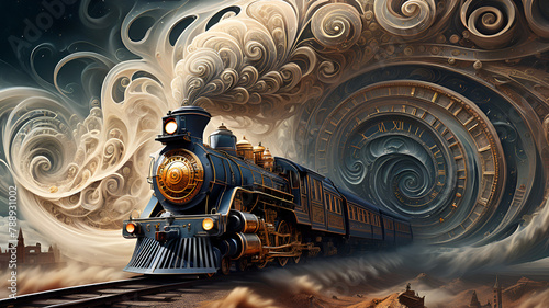 Painting of a steam engine train traveling down the tracks 
