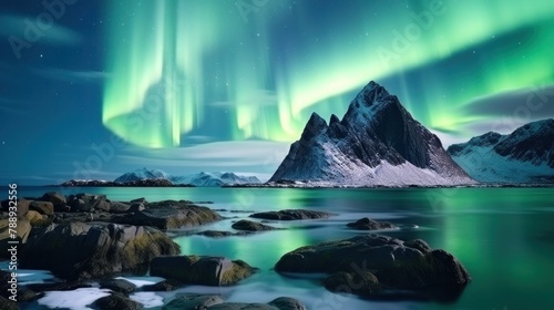 winter landscape at night Visit bright Norway, mountains and icy oceans. winter landscape at night Travel to Norway