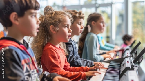 Group of focused children practicing piano in music class with attention and concentration