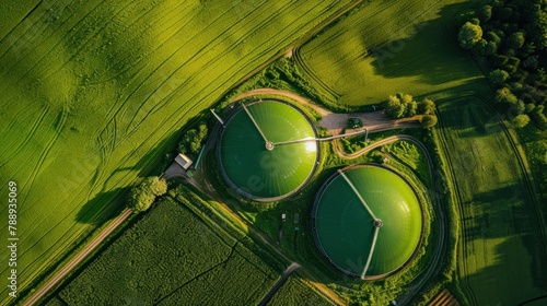 Aerial view over a green biogas storage tank. Biogas plants and farms in green fields Renewable energy from biomass modern agricultural concept