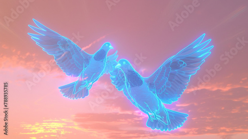 Neon blue doves take flight against a dawn sky of soft pink, messengers of peace in the digital world seeking the light of understanding.