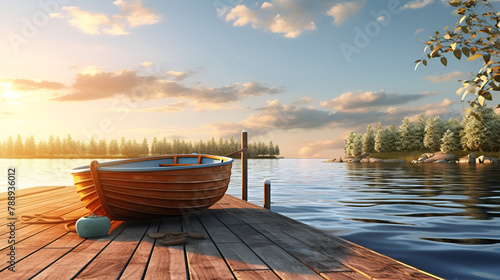Small wooden boat with a sunburst skyline scenic beauty under the blue sky background 