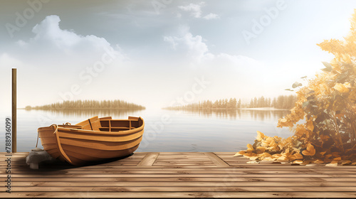 Yellow wooden boat on the lake near the wooden pier peaceful leisure under thw blue sky background 