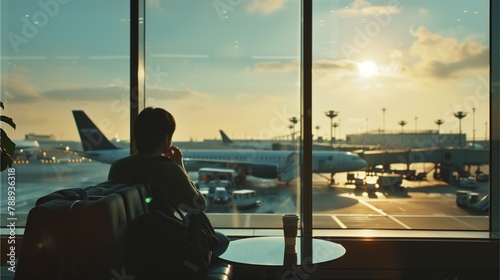 Silhouette of a woman waiting inside an airport terminal, surrounded by travelers, airplanes, and luggage, with large windows revealing the outside view