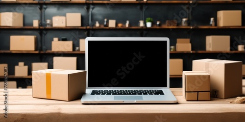 Online shop table with laptop computer, white screen, shipping box, retail market