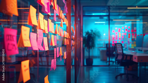 Sticky Note Post It Board Office. Business people meeting at office and use post it notes to share idea. Brainstorming concept. Sticky note on glass wall or blackboard. Set of colorful blank notes. 