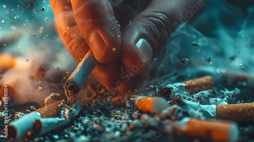 hand crushing cigarettes, no tobacco anti drug day concept, smoking unhealthy