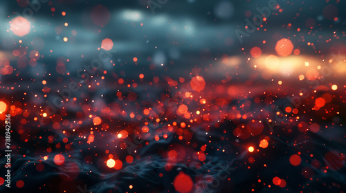A dynamic scarlet and slate abstract environment, where bokeh lights appear as fleeting moments of brilliance against a stormy sky at dusk. The setting is dramatic and vibrant.