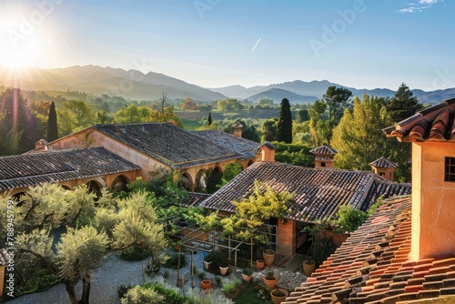 A historic Spanish hacienda surrounded by ancient olive groves and vineyards, with sun-drenched courtyards and terracotta-tiled rooftops, Generative AI
