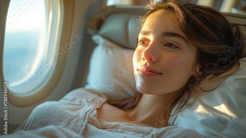 Inside the aircraft, the woman stows her luggage in the overhead compartment before taking her seat by the window, eager to enjoy the view during the flight