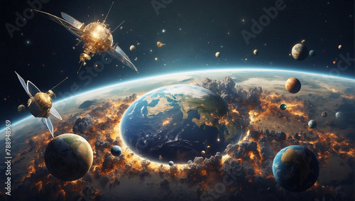 An illustration of a planet being destroyed by an asteroid.