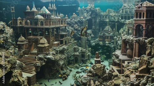 Blank mockup of a replica of a famous sunken city complete with detailed buildings and structures for a historical and visually stunning addition to your aquarium. .