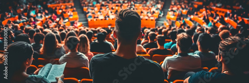 A determined individual attending a lecture, taking notes while surrounded by classmates in a bustling university lecture hall.