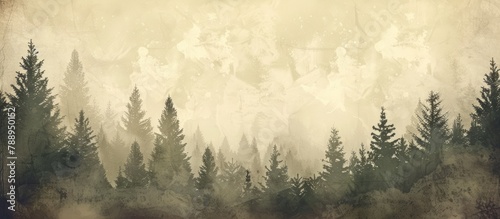 Vintage retro style misty landscape featuring a fir forest.