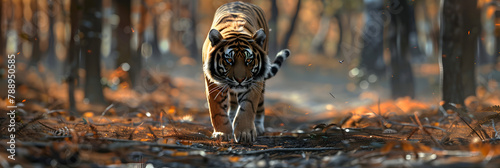 A tiger walking through a forest with a golden background,A tiger running through a forest