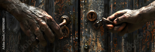  Hinged door lock in an old wooden house with keyhole and metal key Hands open the wooden door from the inside of the dark room 