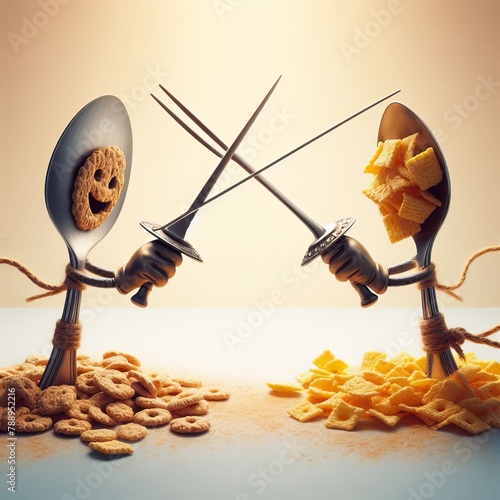 A spoon and a fork having a fencing duel with pieces of cereal as their swords