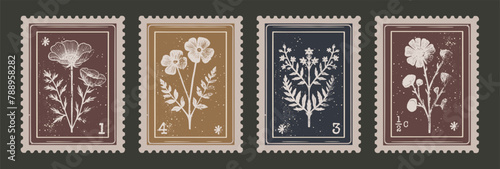 Vintage Botanical Postage Stamp Set. Old Floral Scrapbooking Decor