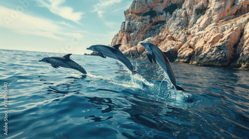 dolphins swimming in the sea near rocky cliffs