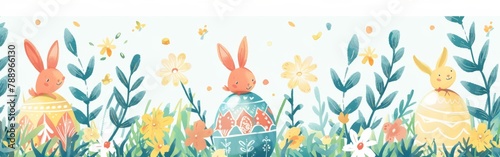 A colorful Easter bunny scene with three bunnies and three eggs