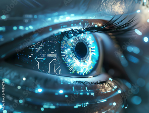 A computer generated cybernetic eye with a blue iris and a black pupil