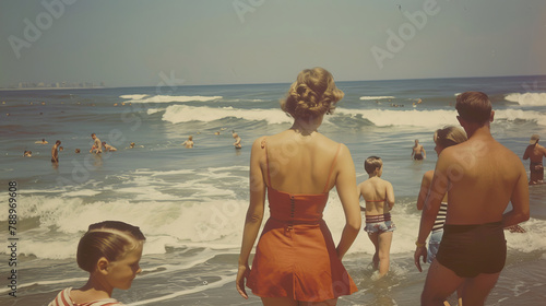 Vintage retro photography of an american family at the beach in the fifties , 1950s summer holiday historical image