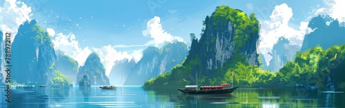 A painting of a beautiful landscape with a boat in the water