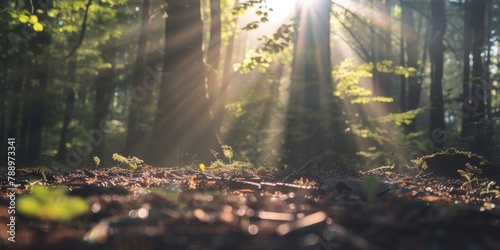 Defocused sunlight streaming through trees onto a forest floor