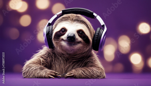 headphones music background purple Cheerful sloth listening earphones funny happy animal cute sound lazy adorable chill audio smile slow dj trendy song relaxation