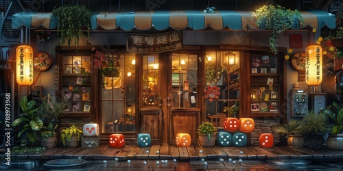 Whimsical board game cafe with anthropomorphic pawns and dice playing together