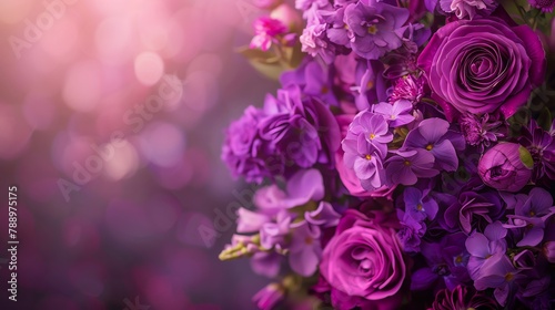 Rich purple flowers for funeral, bottom text space, soft glow